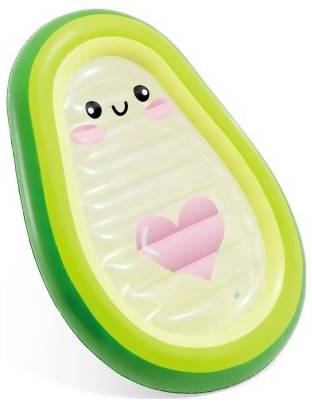 A cute avocado-shaped pool float with a smiling face and pink heart detail in the center.