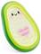 A cute avocado-shaped pool float with a smiling face and pink heart detail in the center.