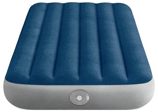 Blue air mattress with gray sides and inflating valve at the foot end, featuring a ribbed surface for added comfort.