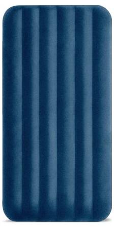 Inflatable blue air mattress with longitudinal grooves, set on a white background.