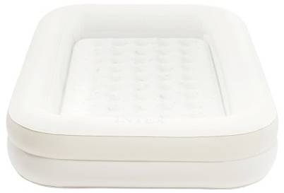 An empty, rectangular white inflatable pool with a cushioned base, designed for children, seen from a slight angle.