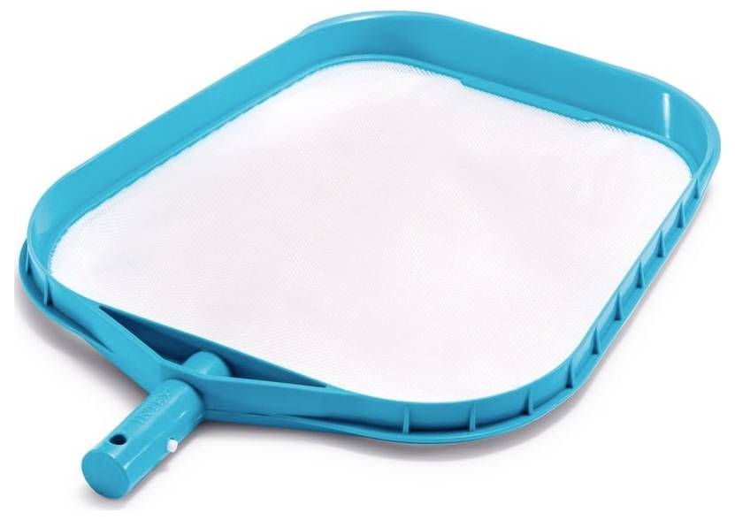 Blue pool skimmer net with plastic frame and fine mesh, designed for removing debris from swimming pools.
