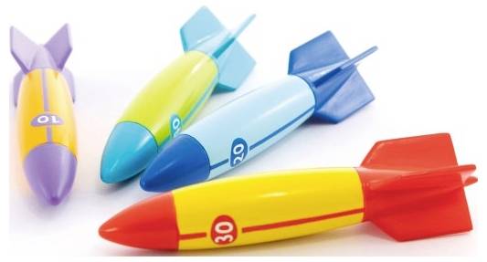 Toy missiles of different colors, each with a number indicating points (10, 20, 30), appear arranged in an arc. Bright and playful design.
