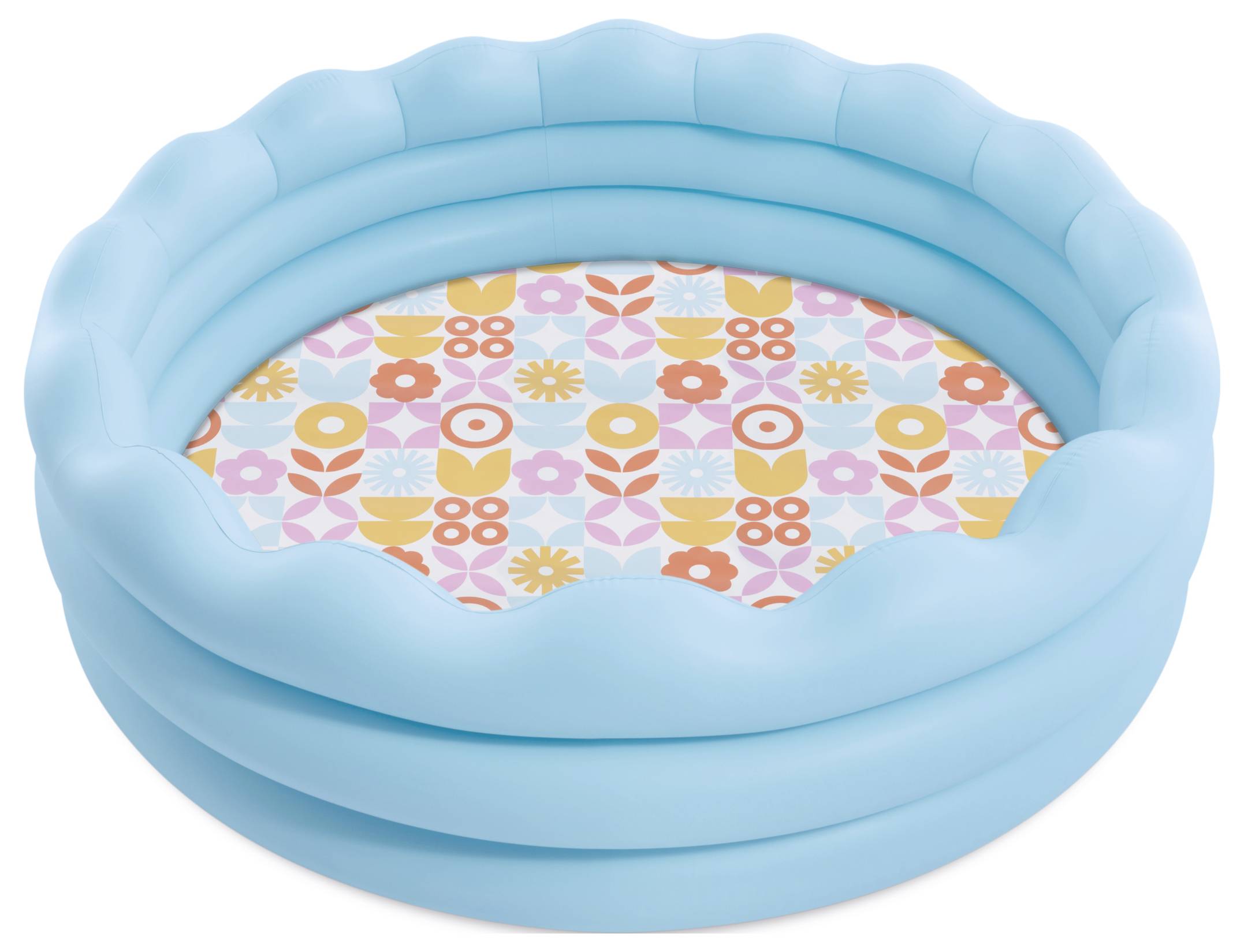 A blue inflatable kiddie pool with a colorful patterned base featuring flowers and geometric shapes in pink, yellow, and orange tones.