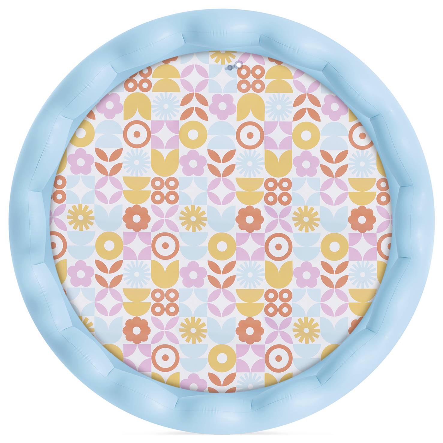 'Round inflatable pool with a light blue rim featuring a colorful retro floral pattern inside, displaying orange, pink, and blue flowers.'