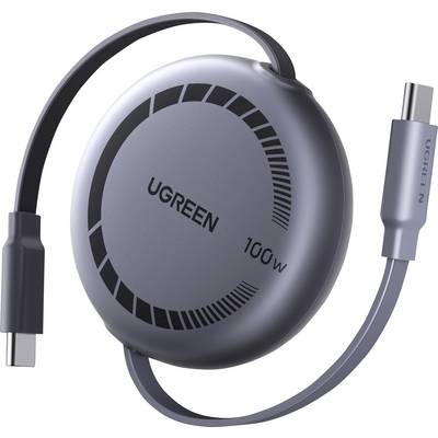 Round UGREEN 100W retractable USB-C charging cable with built-in spool and two USB-C connectors, shown on a white background.