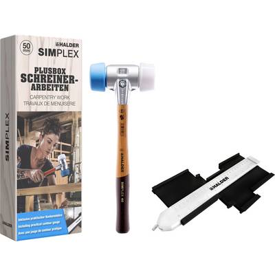 'Halder Simplex' showcases a hammer with interchangeable heads for carpentry. Includes a practical contour gauge. Packaging features an image of a person using the tool.