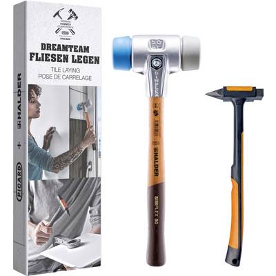 Tile laying kit with a rubber mallet and a small hammer. The packaging shows images of the tools being used for tile installation.