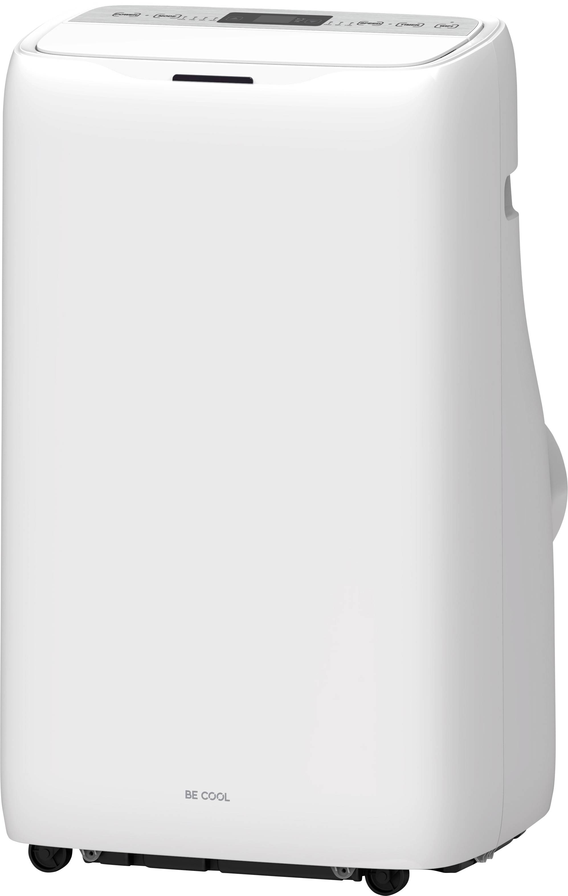 A portable white air conditioner on wheels with a digital display on top, labeled 'BE COOL'. Suitable for cooling small indoor spaces.