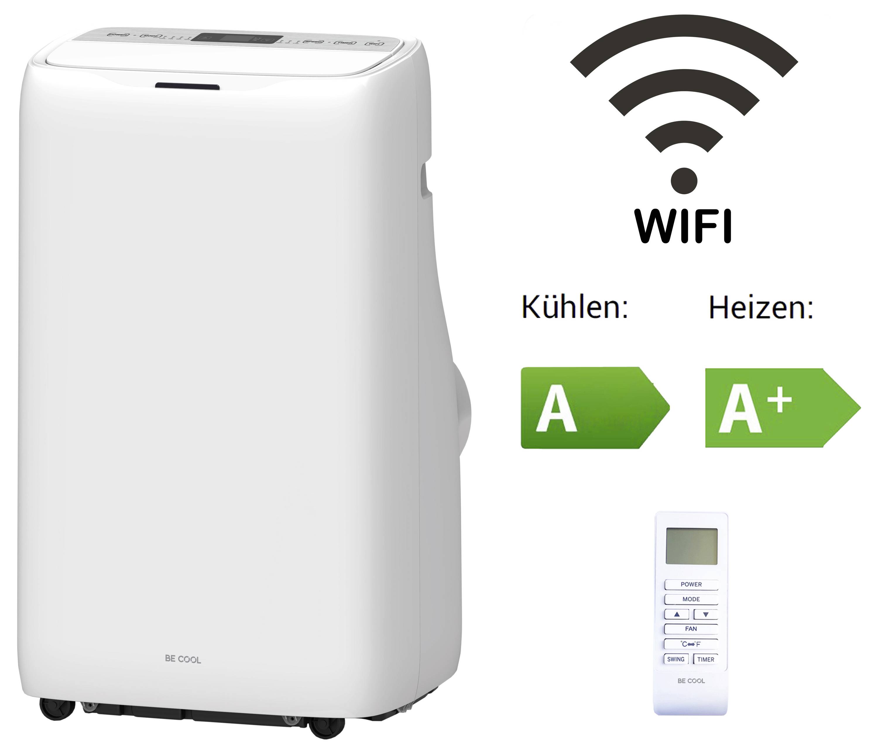 A portable air conditioner with WiFi connectivity. Cooling rated A, heating rated A+. Includes a remote control. Model: 'BE COOL'.