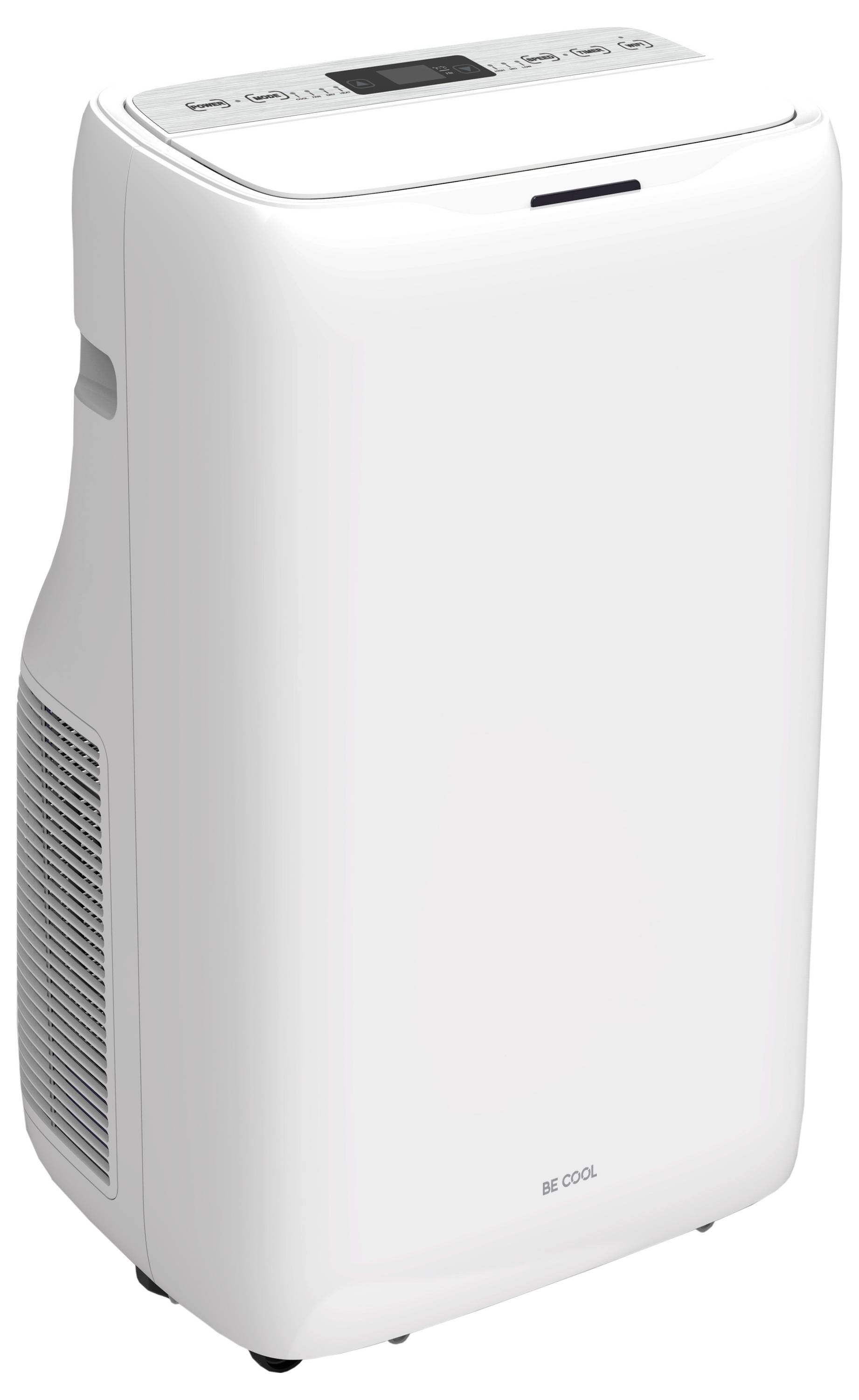 A white, portable air conditioner with a digital control panel on top, side vents for airflow, and wheels for easy mobility.