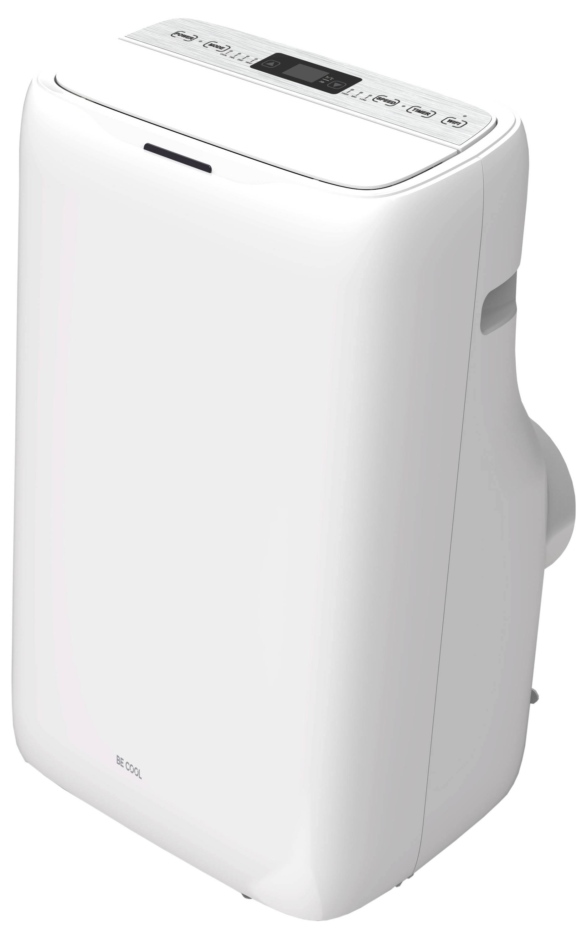 A portable white air conditioner with a digital control panel on top. The design is sleek, featuring vents and controls for easy use.