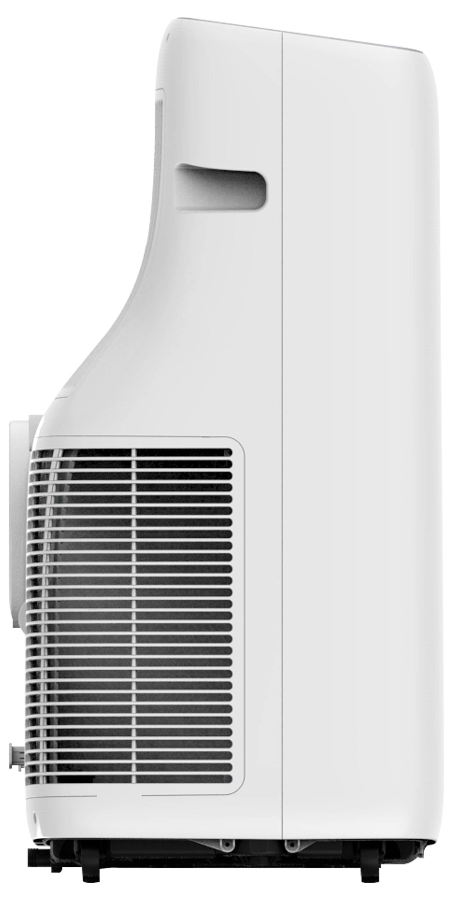 A side view of a white portable air conditioner with visible vents and a sleek design, shown against a white background.