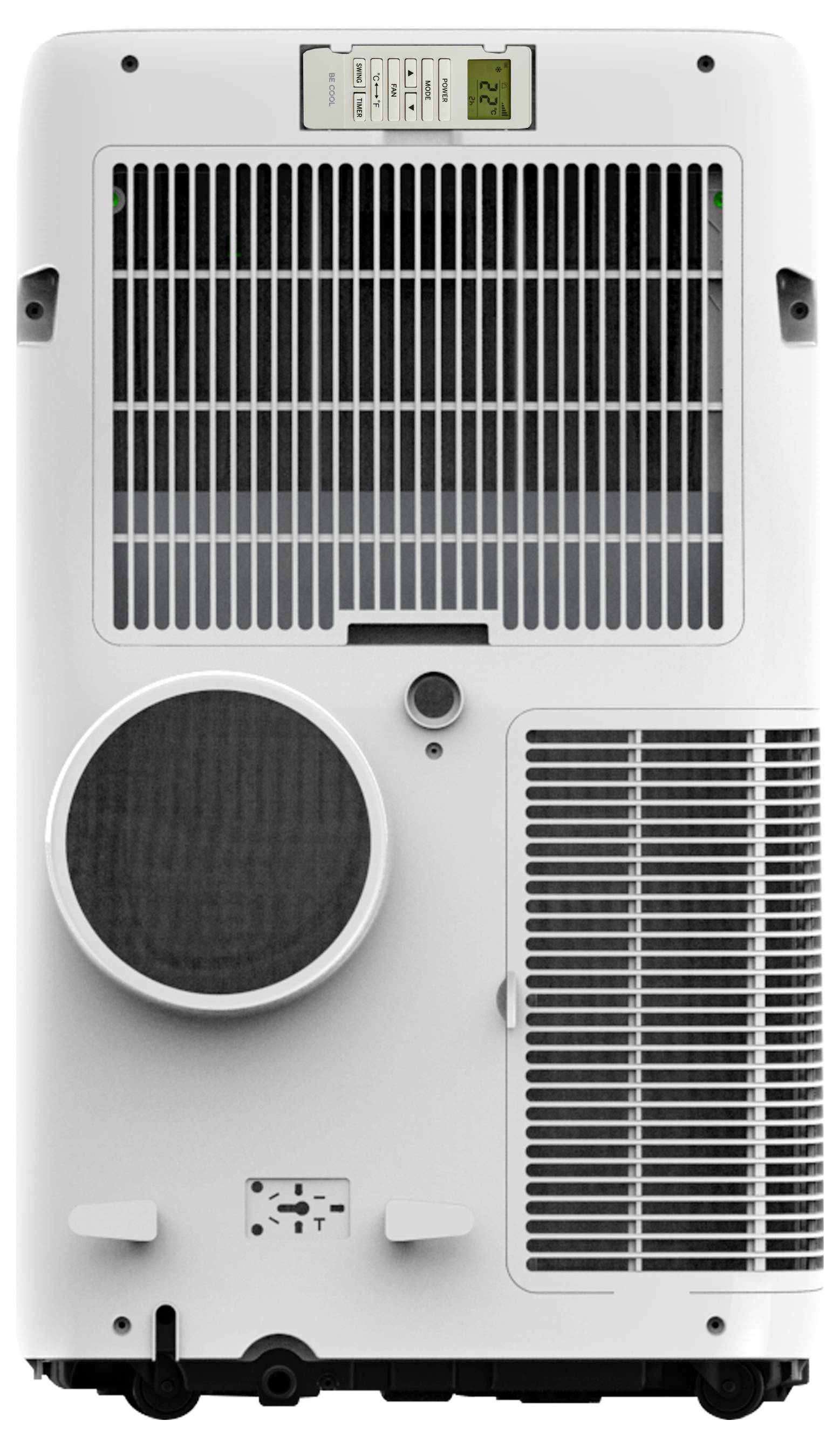 The image shows the back of a portable air conditioner with vents, a round exhaust port, and a digital display at the top center.