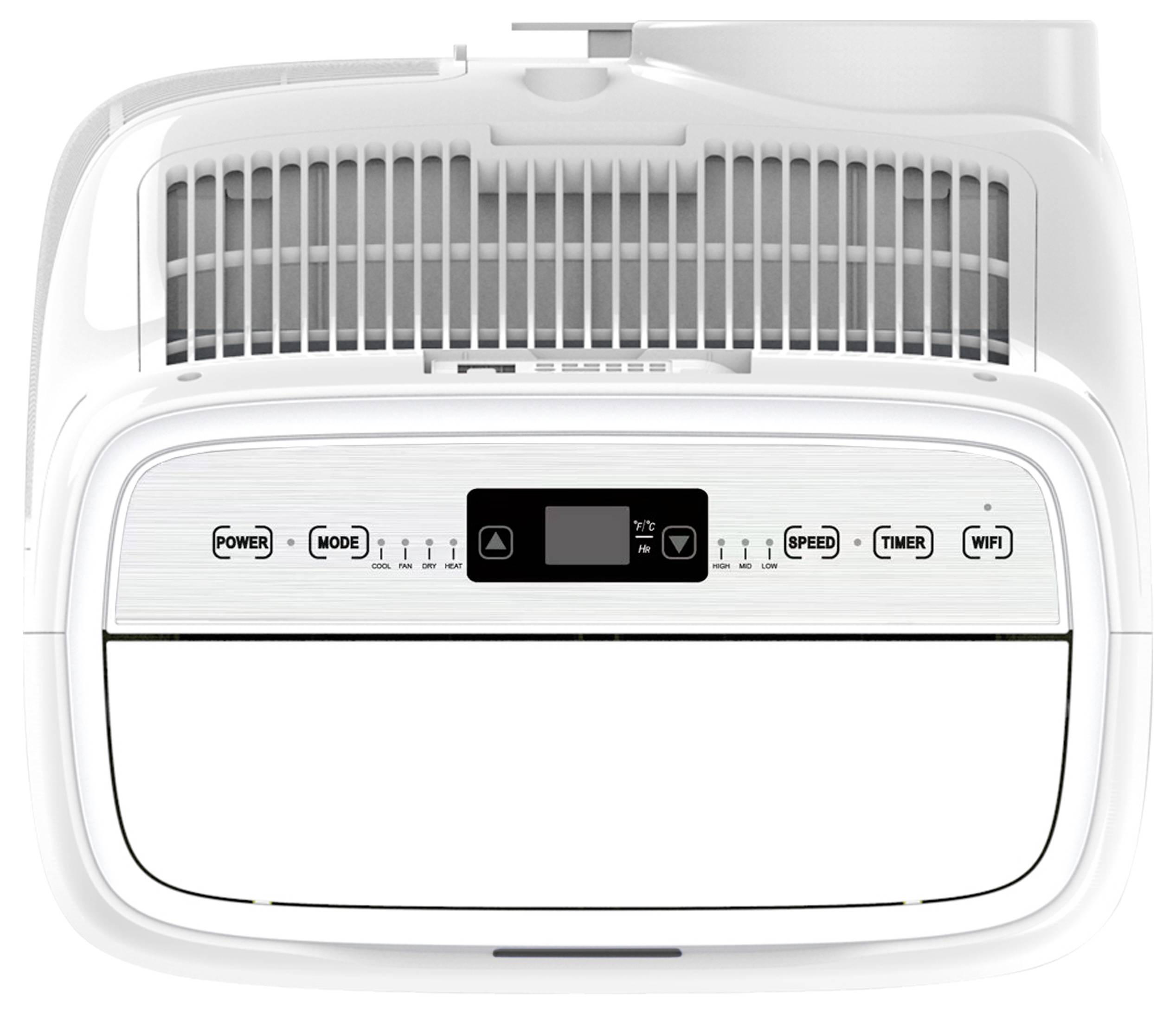 Top view of an air purifier control panel with buttons for 'Power', 'Mode', 'Speed', 'Timer', 'WiFi', and a digital display.