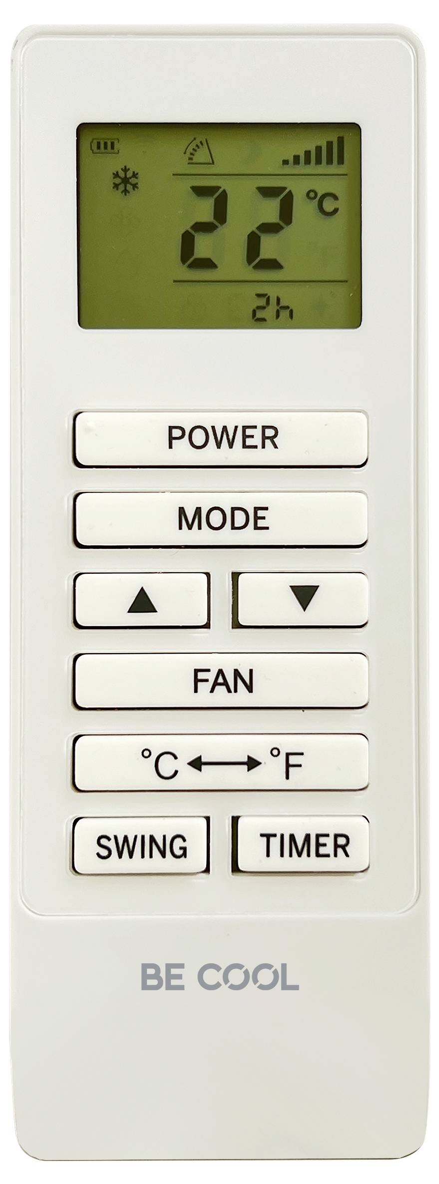 Air conditioner remote with a display showing 22°C, timer set for 2 hours. Buttons for power, mode, fan speed, temperature, swing, and timer.