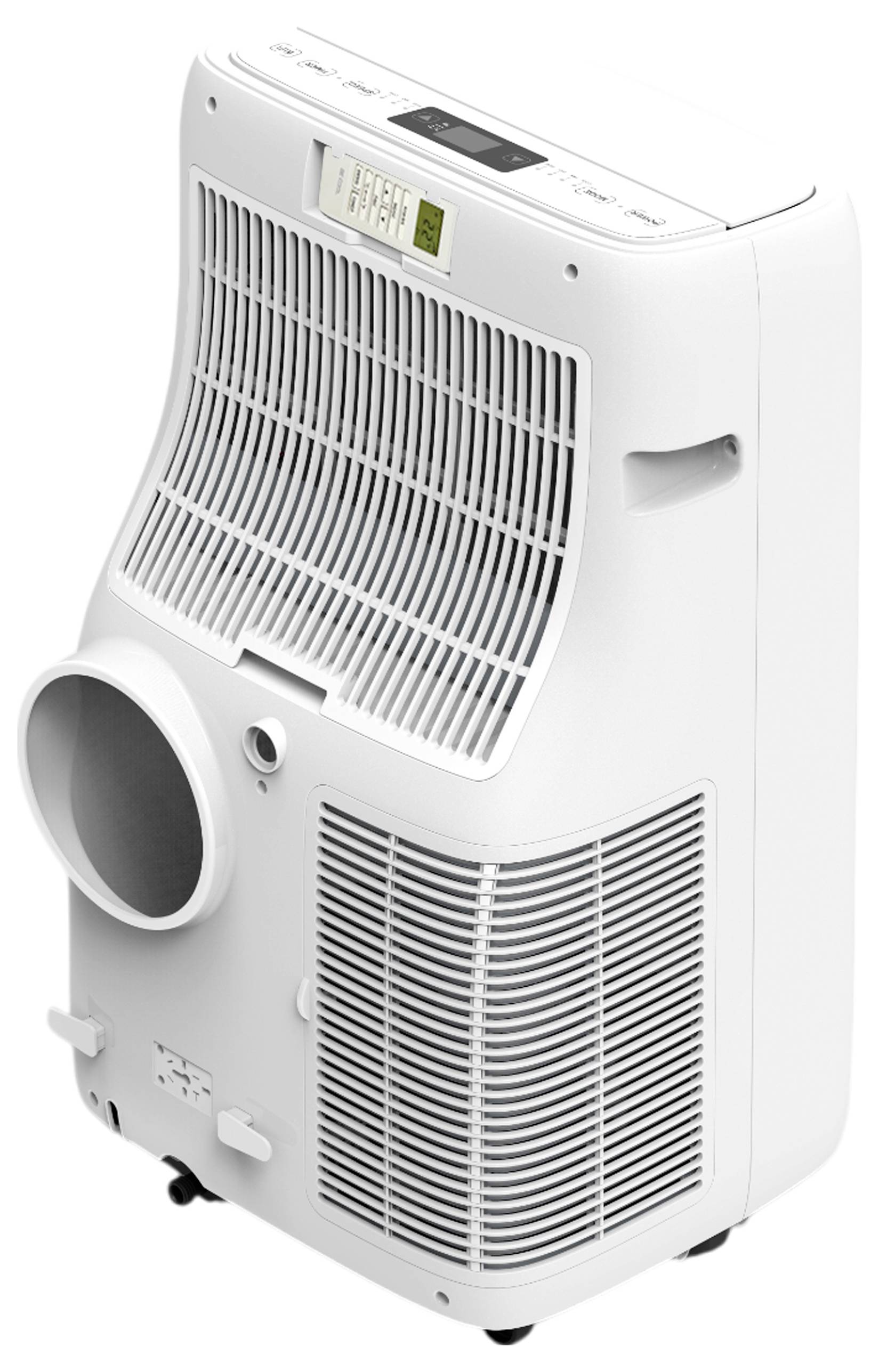 A white portable air conditioner with a digital display, air vents, and a hose outlet, designed for indoor air cooling and dehumidifying.