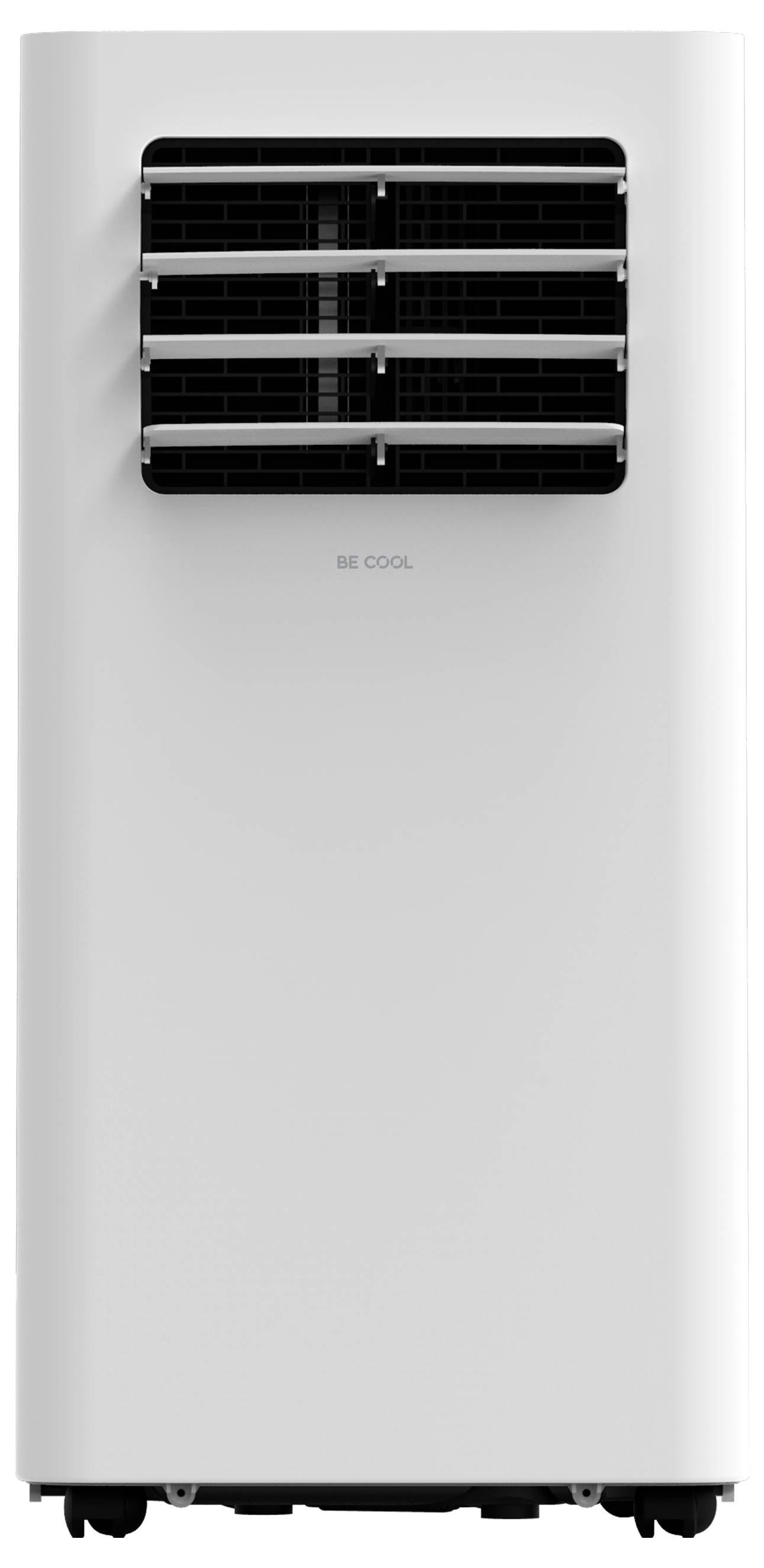A white portable air conditioner with adjustable vents on the front and wheels at the bottom for mobility.