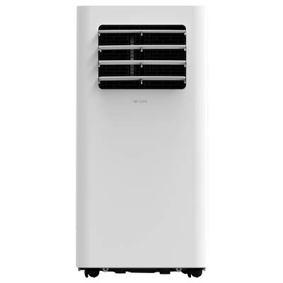 A white portable air conditioner with adjustable vents on the front and wheels at the bottom for mobility.
