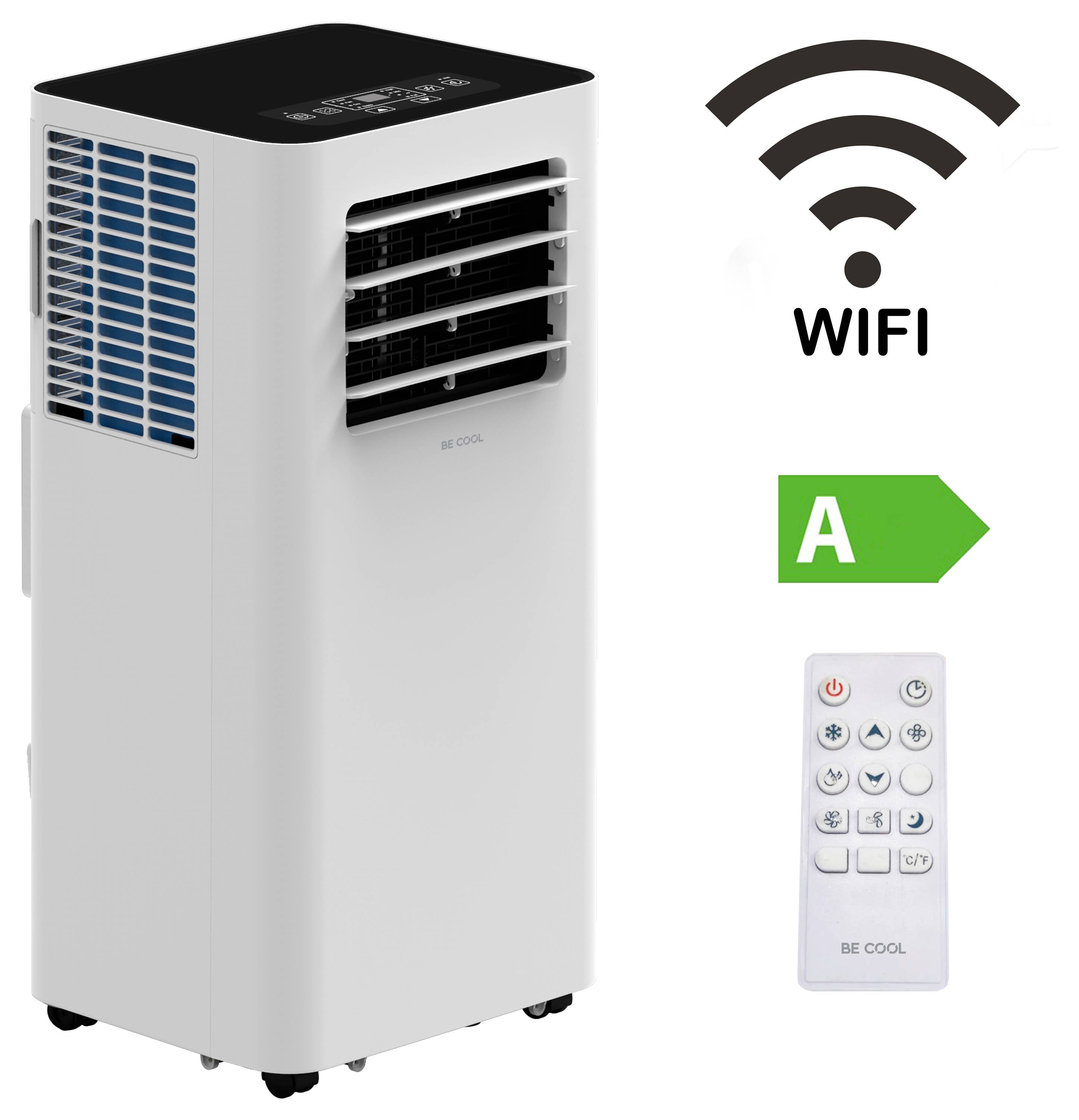 A portable air conditioner with WiFi connectivity, energy rating of A, and remote control. The device is labeled 'Be Cool'.