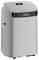 A portable air conditioner with a digital display showing '23' degrees, sleek silver body, control buttons on top, and vent slats.