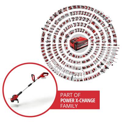 A red lawn trimmer called 'Flowerguard', which protects plants from damage.