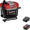 'Einhhell PXC' black and red portable wet-dry vacuum; shows a vacuum nozzle, detachable battery, and charger. Suitable for professionals.