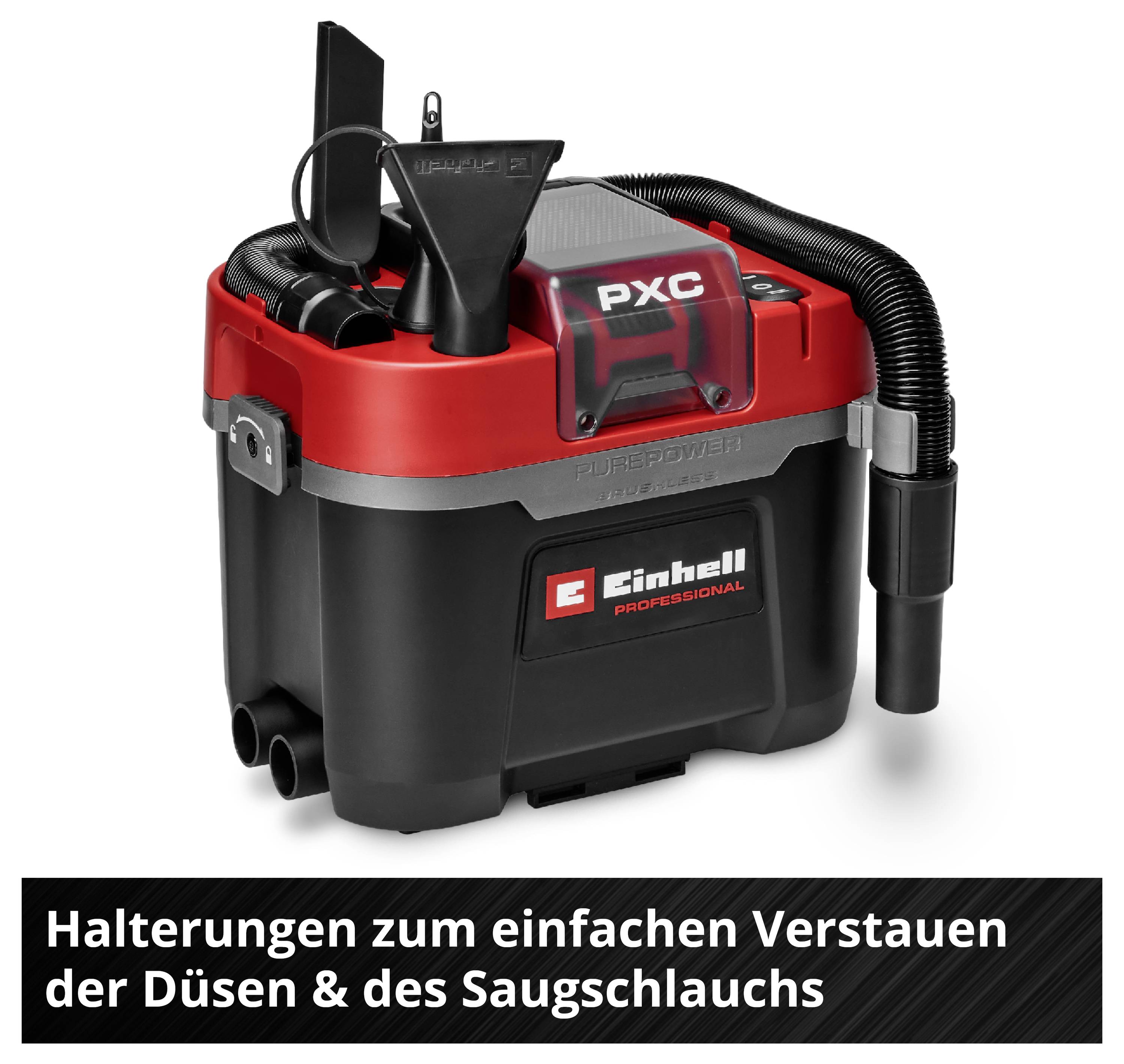 Portable vacuum cleaner with brackets for nozzles and suction hose, red-black, brand 'Einhell PXC'.