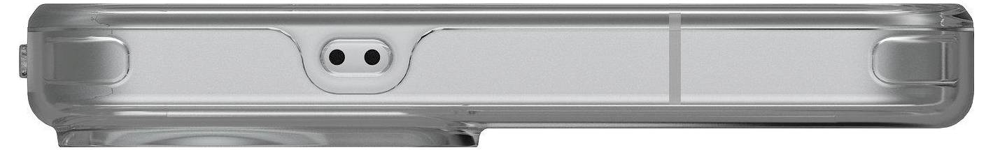 Side view of a smartphone with a transparent case, showing dual speaker openings on the top edge.