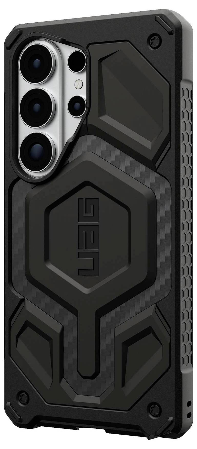 A rugged smartphone case with a hexagonal pattern and camera protection, designed for durability and impact resistance.