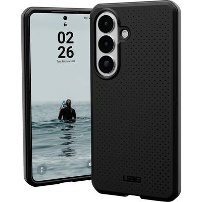 Black smartphone case with textured back displayed next to a phone showing a wallpaper of a person in the ocean.
