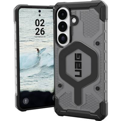 Smartphone with sturdy, rugged case. The screen shows a vibrant beach scene with a surfer riding a wave. Time displayed: 02:26.