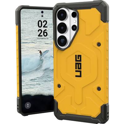 A rugged orange and black phone case covers a smartphone displaying a surfer riding a wave on the screen, with the time '02:26'.