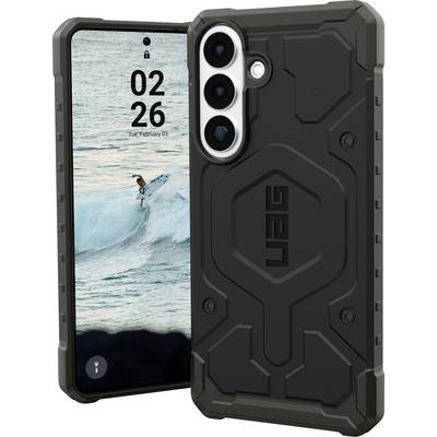 A rugged black phone case on a smartphone displaying a surfer riding a wave on screen. The time is 02:26 on Tuesday, February 3.