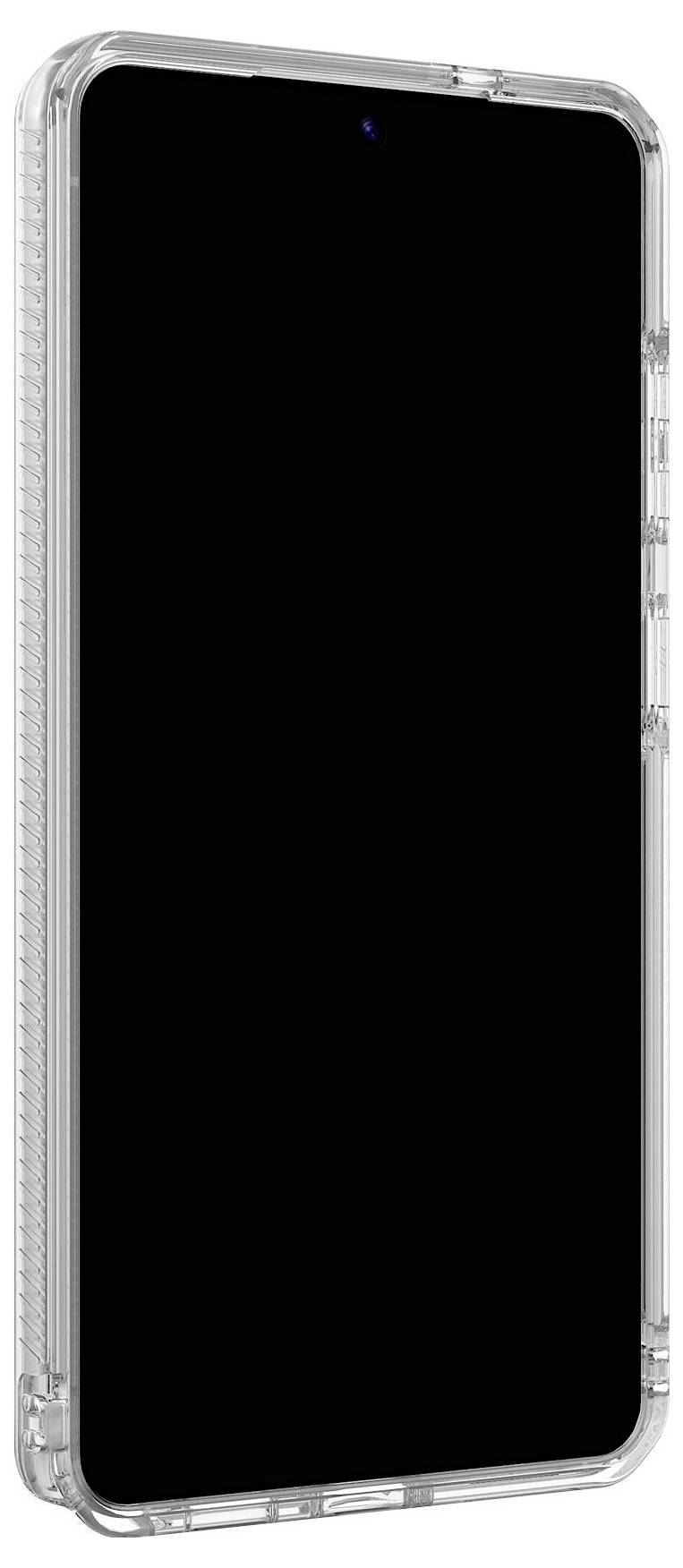 A smartphone in a clear protective case, viewed from the front showing the screen in a vertical orientation.