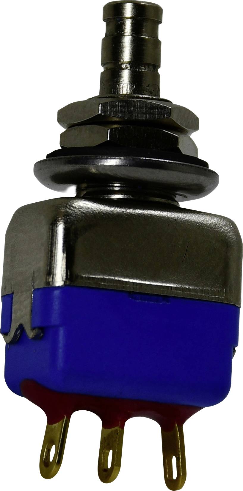 'A metallic toggle switch with a blue plastic casing and three gold terminals.'