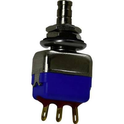 'A metallic toggle switch with a blue plastic casing and three gold terminals.'