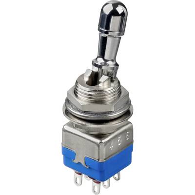 A metal toggle switch with a blue base and multiple terminals, designed for mounting on electronic devices.