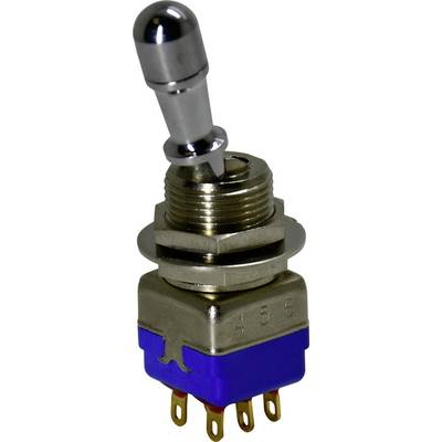 'A metal toggle switch with a blue base and five metal pins, used for electronic circuit control and connectivity.'