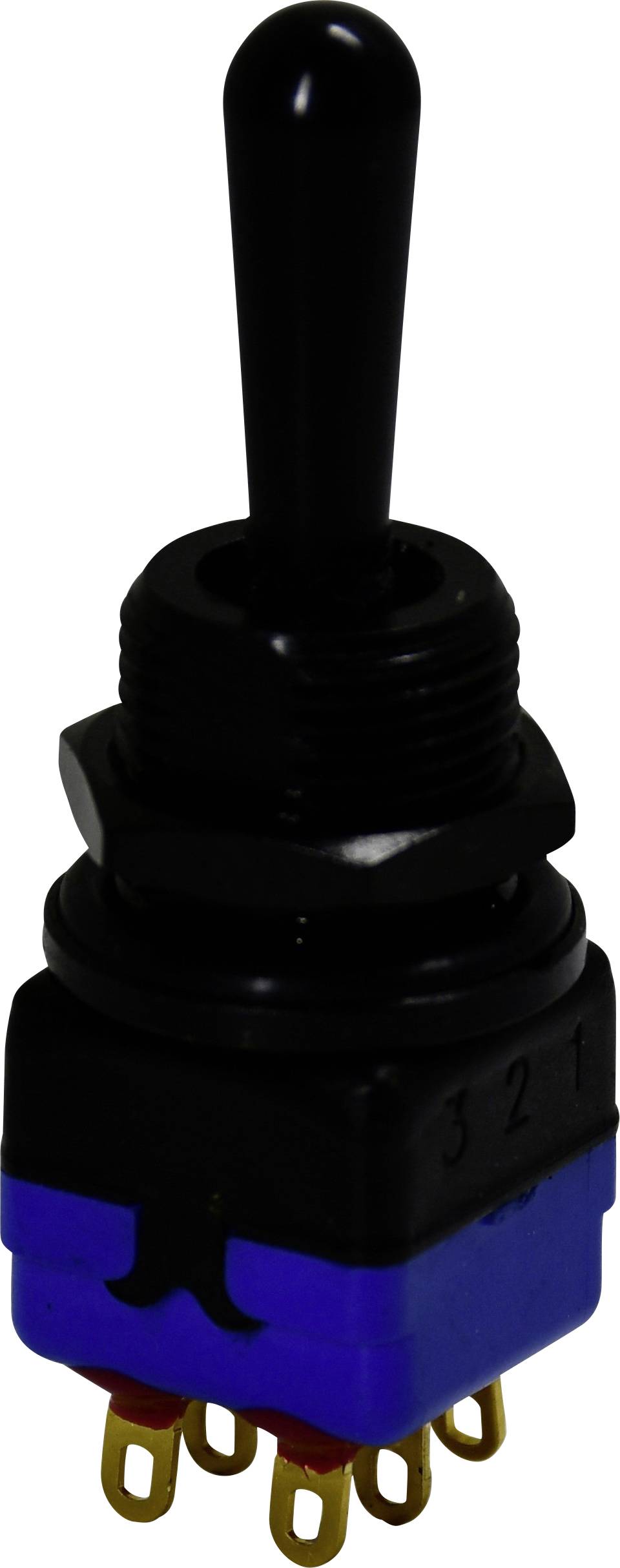 A black toggle switch with a blue base and three metal prongs, used in electronic circuits, shown upright.