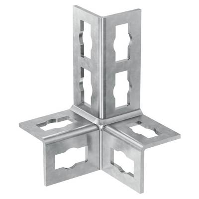 Metal bracket connector with four flat arms and a vertical post, showing cutout slots for joining structural pieces.