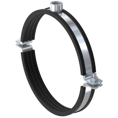 Circular metal pipe clamp with black rubber lining and adjustable bolt fasteners, shown isolated on a white background.
