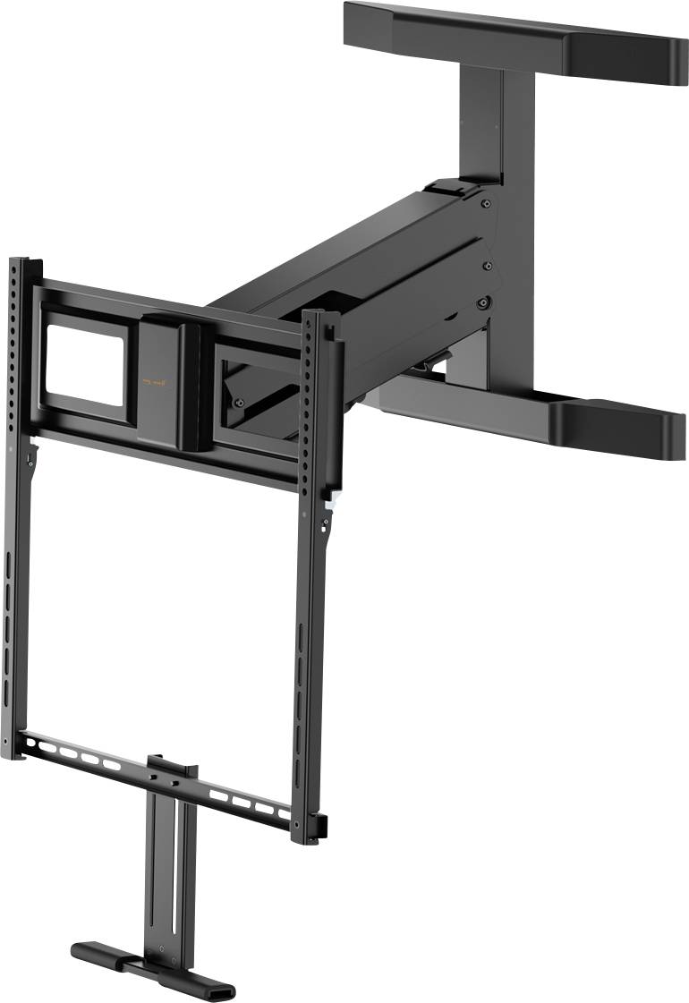 Ceiling TV mount with adjustable arm, designed for flat screens. Black metal construction with multiple joints for flexibility.