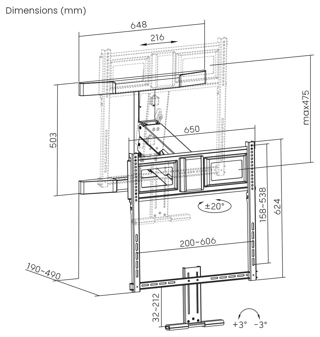 A technical diagram of a TV wall mount features detailed measurements in millimeters: width 648, adjustable reach 190-490, and tilt angle ±20 degrees.