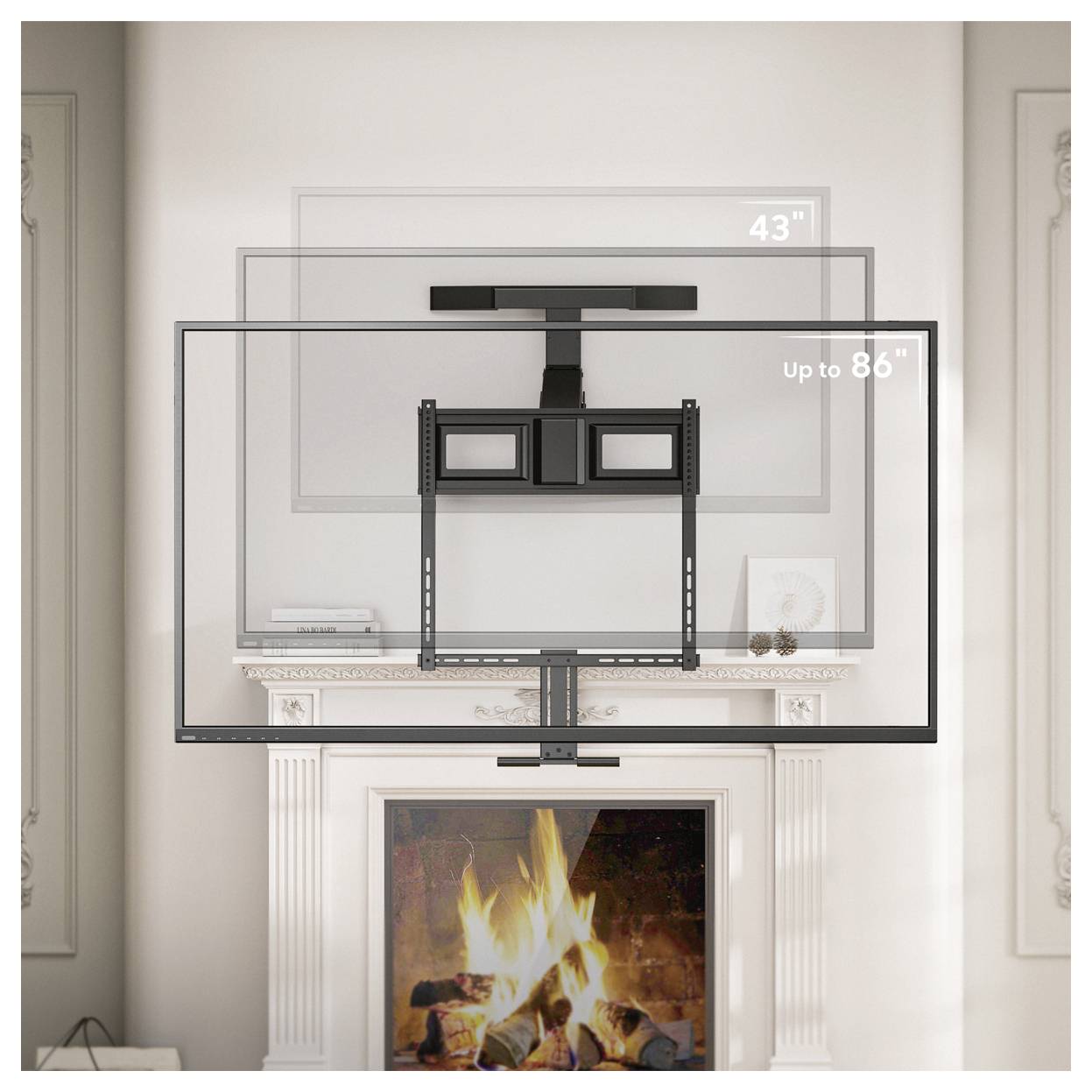 TV mount illustration over a fireplace, showing adjustable sizes from 43 to 86 inches.