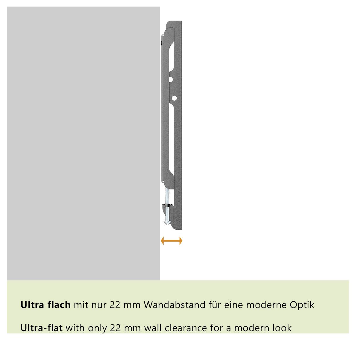 'A side view of a slim TV wall mount bracket with a 22 mm gap from the wall, emphasizing its ultra-flat, modern design.'