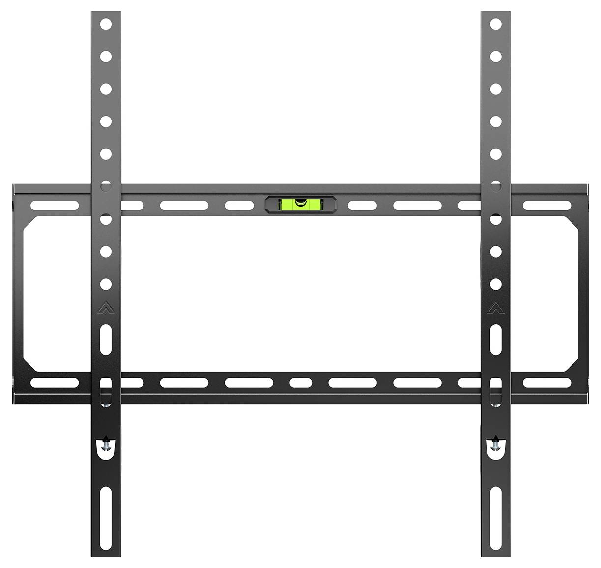 'Wall mount bracket for flat-screen TV installation, featuring a built-in level for alignment and multiple mounting holes for versatility.'
