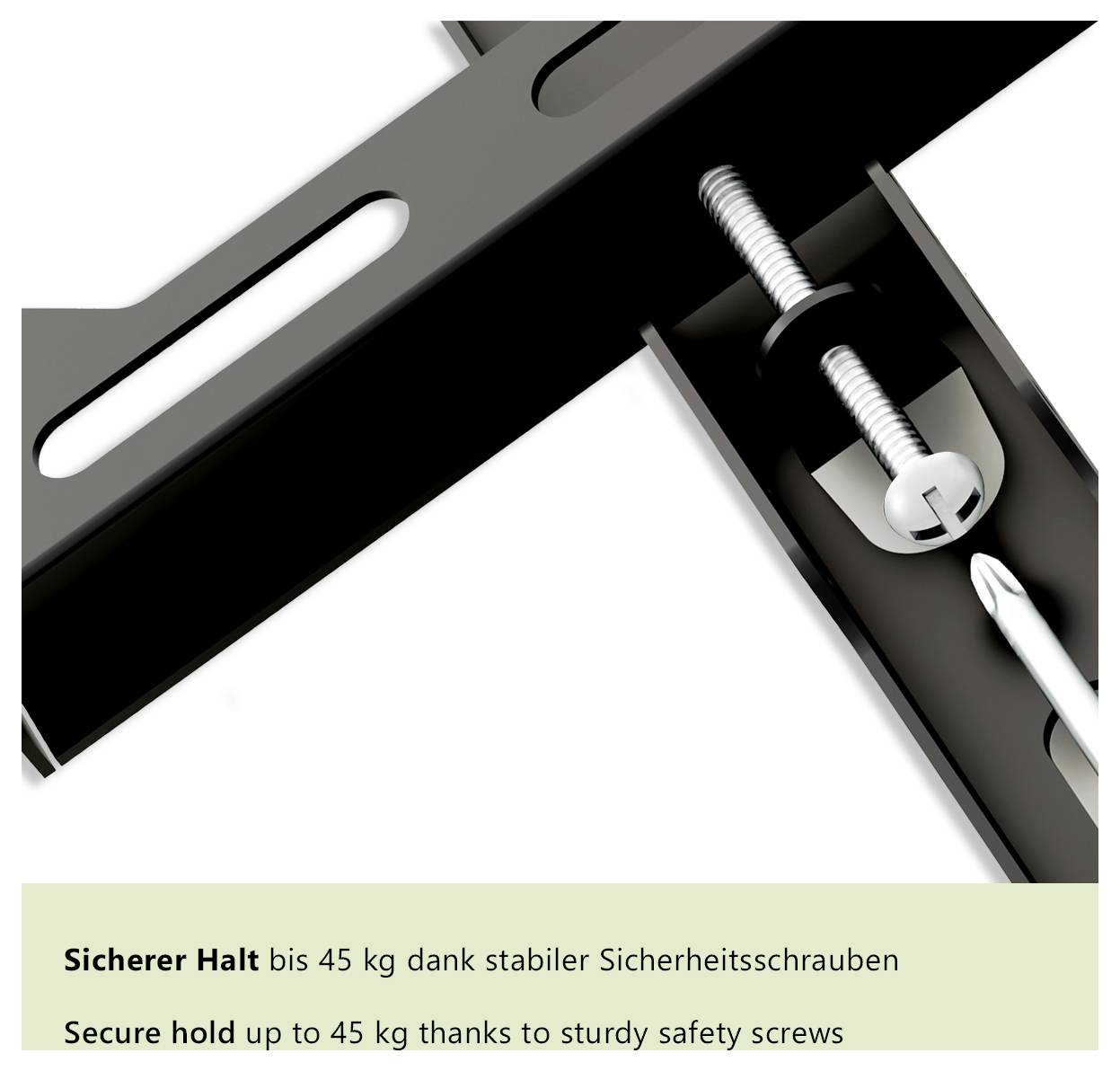 Close-up of a wall mount bracket with a screw. Text highlights secure hold up to 45 kg due to sturdy safety screws.