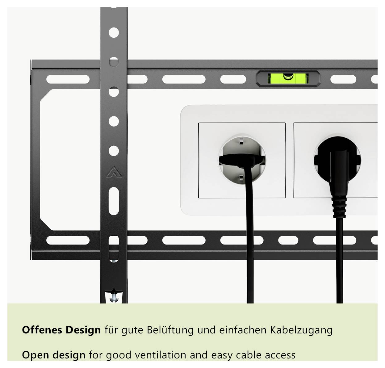 'Open design for good ventilation and easy cable access' in German and English, shown with wall mount and plugged cables.