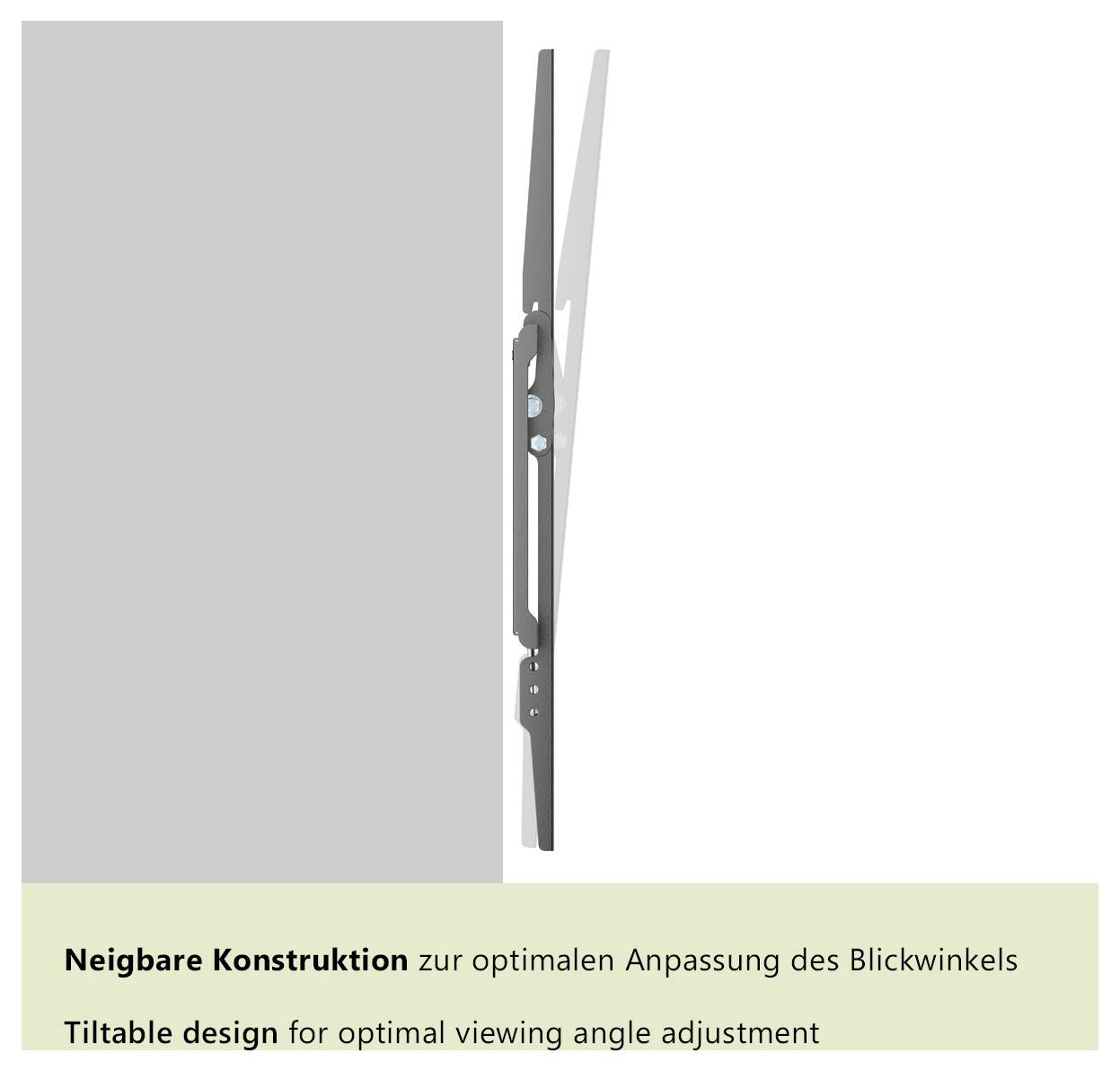 'A wall mount is shown with a tiltable design for optimal viewing angle adjustment.'